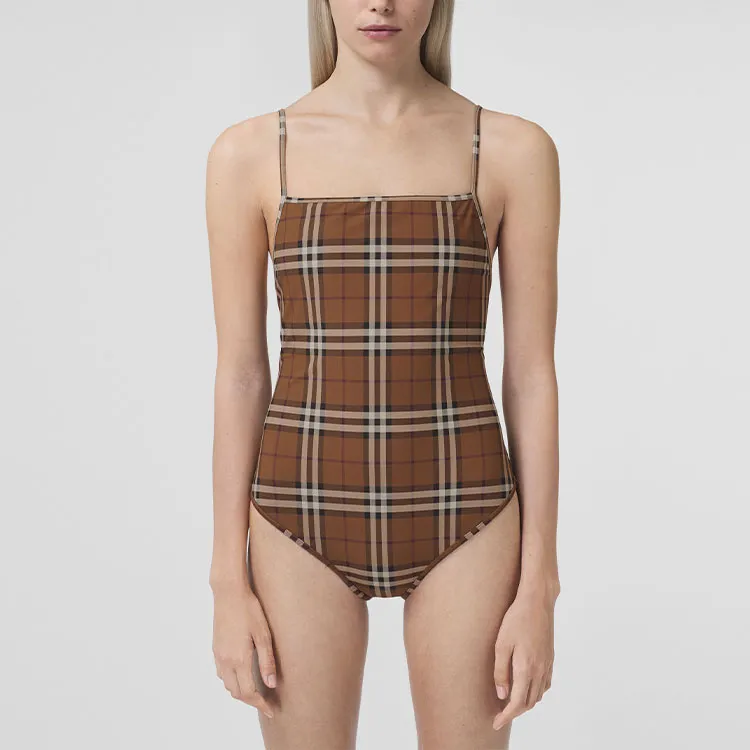 Burberry Check One piece Swimsuit Dark Birch Brown-1