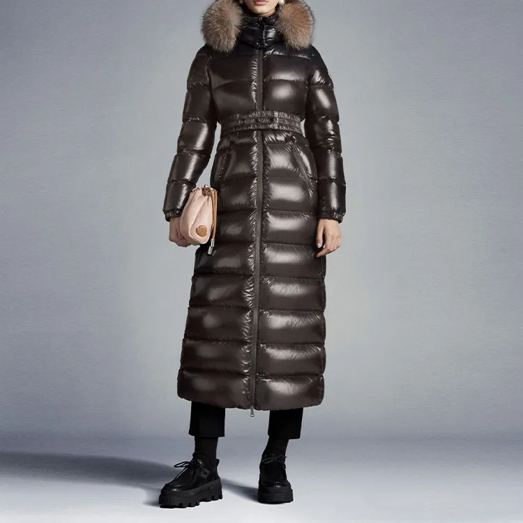Moncler Solid Color Hooded Long Down Jacket Women's Dark Gray-2