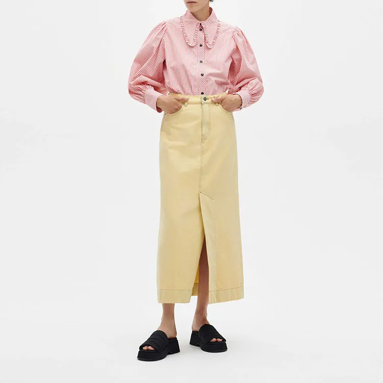 GANNI Stripe Cotton Long Collar Puff Sleeve Shirt 'Orangedotcom'-2