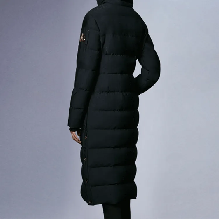 Moose Knuckles FW21 Solid Color Hooded Fitted Long Down Jacket Women's Black-2