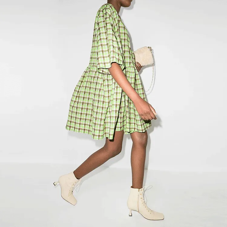 GANNI Seersucker Check Dress 'Gray'-3