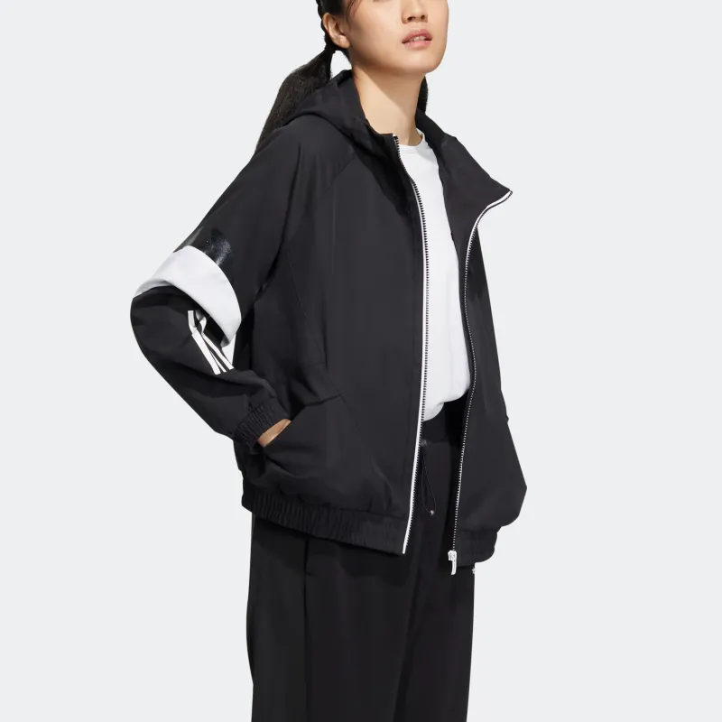 adidas Women'ss Logo Embroidered Striped Woven Jacket Black-3