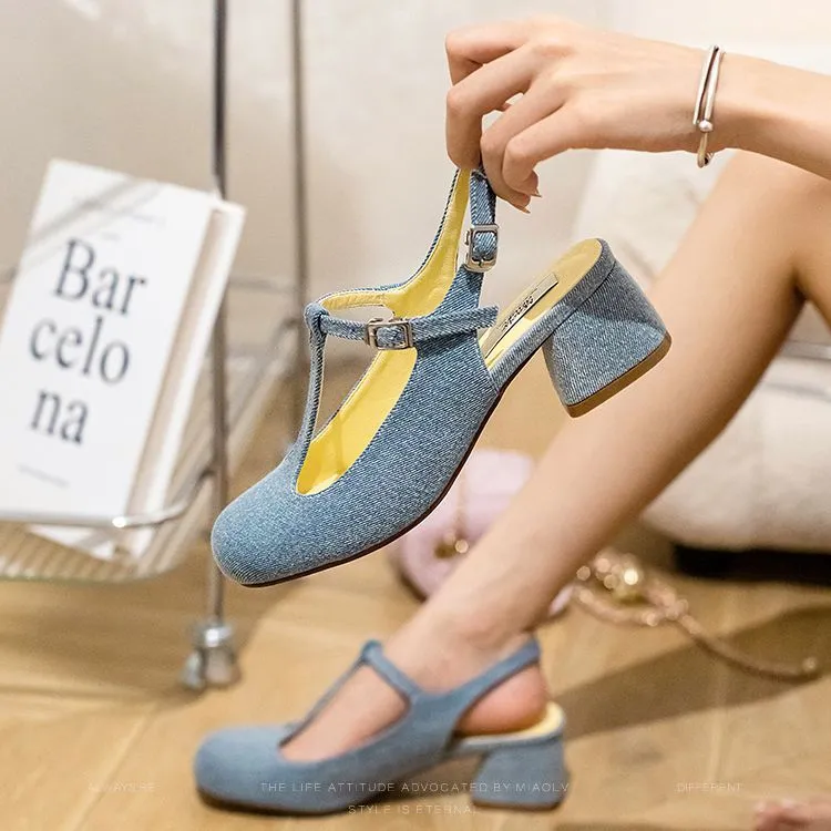 Wonderful Couple Chunky Heel High Heels 5.5cm Women's Denim Blue-1