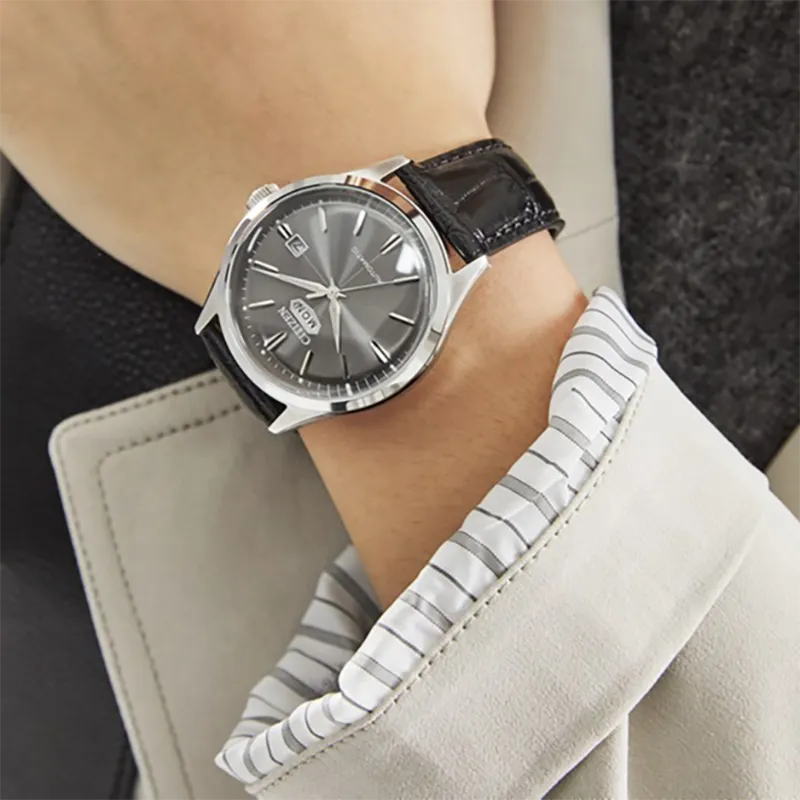 CITIZEN Mechanical Watch Series Mechanical Movement Cow Leather Strap Watch Men's Watches Black Dial-5