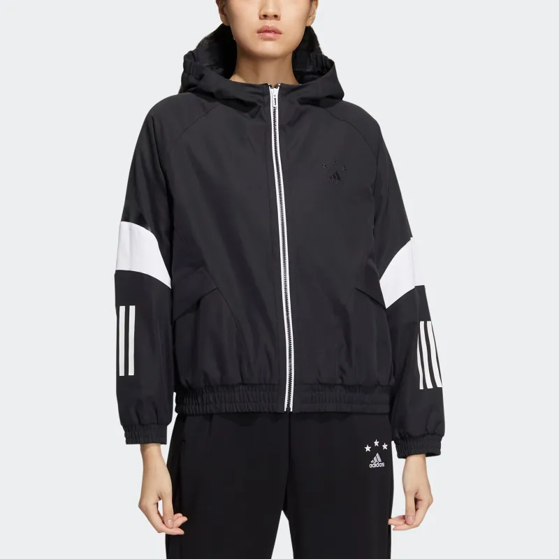 adidas Women'ss Logo Embroidered Striped Woven Jacket Black-1