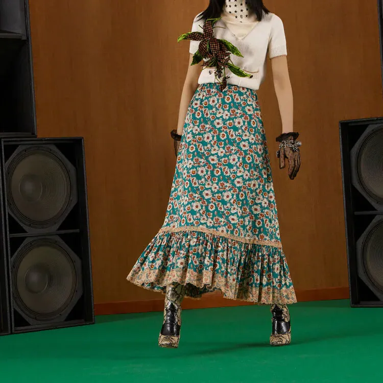 GUCCI Lace Trimmed Floral Maxi Skirt Blue-3