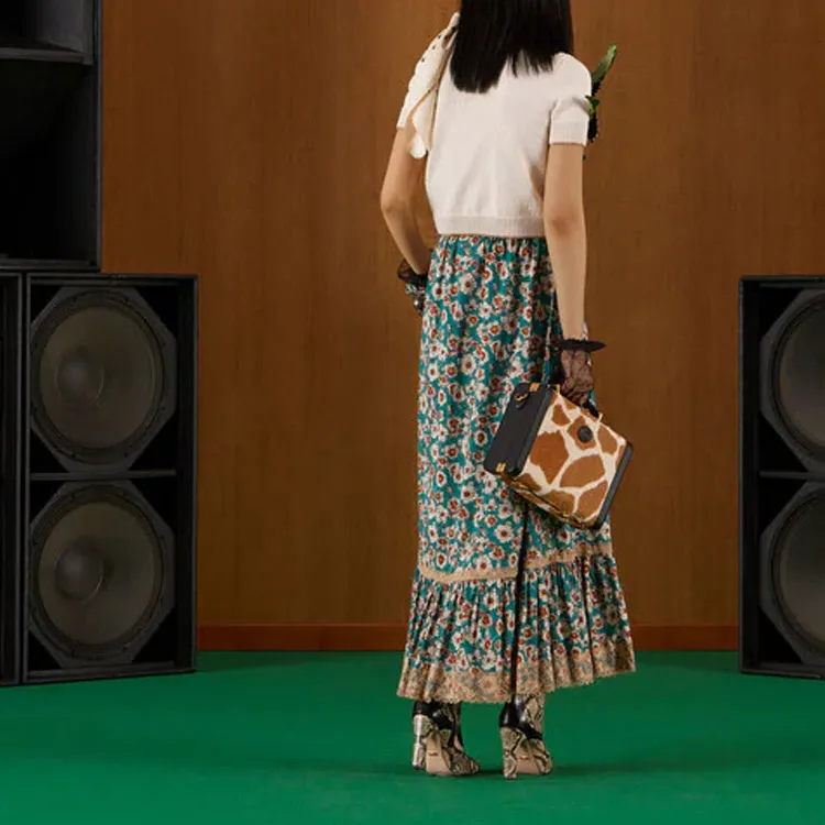 GUCCI Lace Trimmed Floral Maxi Skirt Blue-2