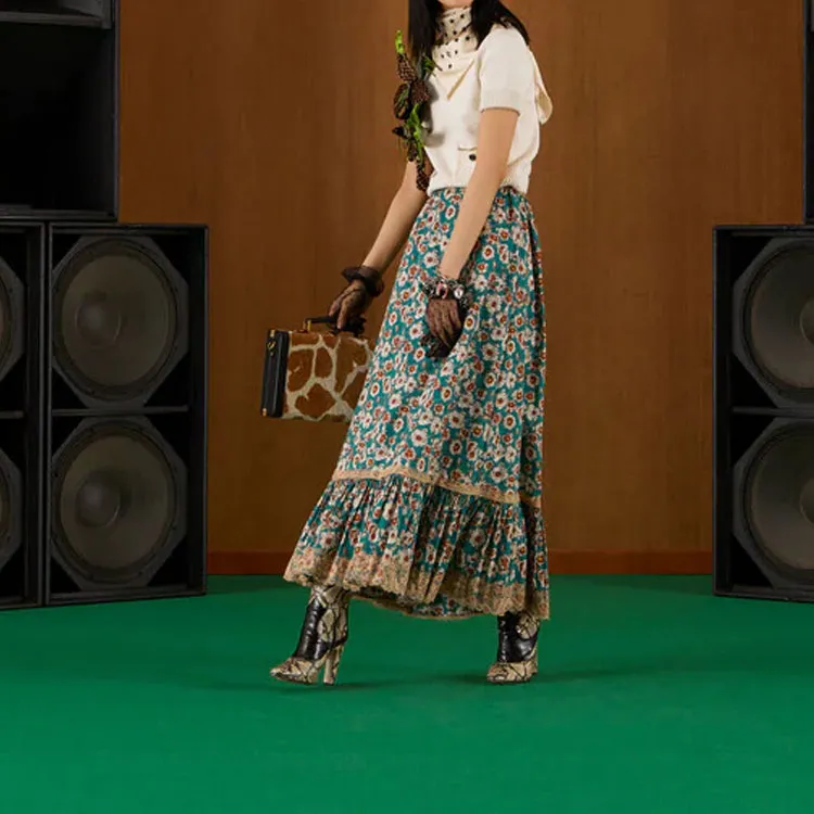 GUCCI Lace Trimmed Floral Maxi Skirt Blue-1