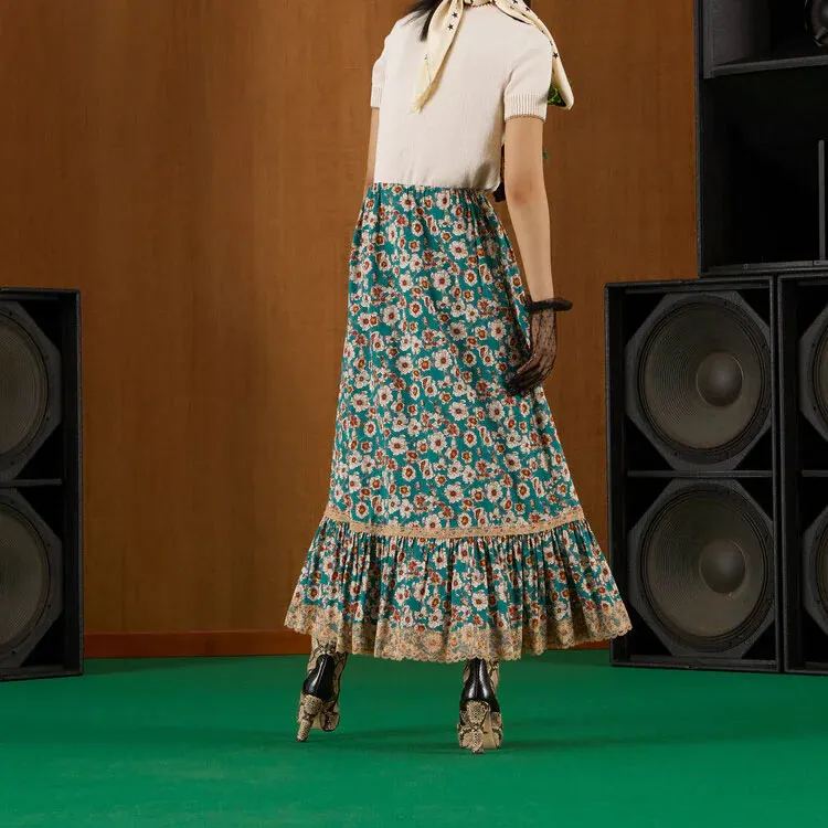 GUCCI Lace Trimmed Floral Maxi Skirt Blue-4