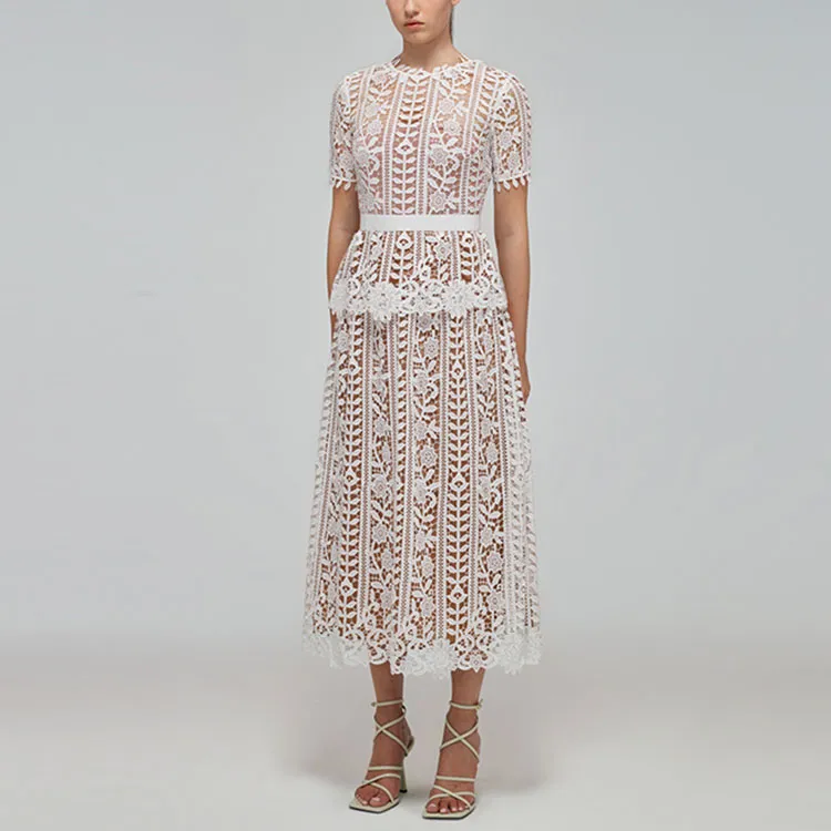 Self portrait Short Sleeved Dresses Women's Pure White Color-4
