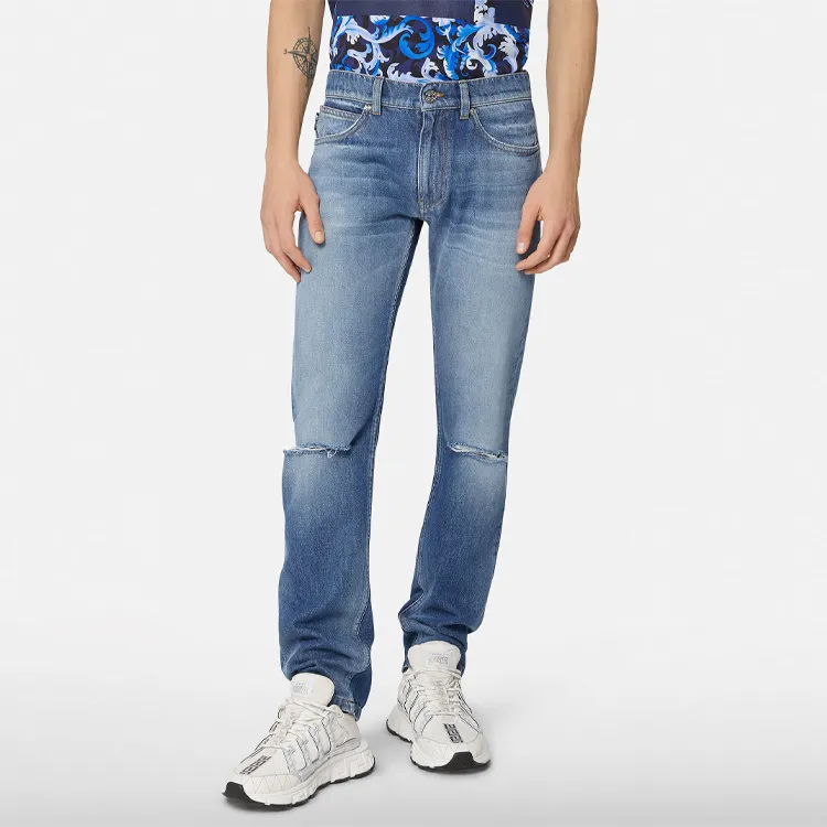 VERSACE Logo Patch Distressed Denim Jeans-2