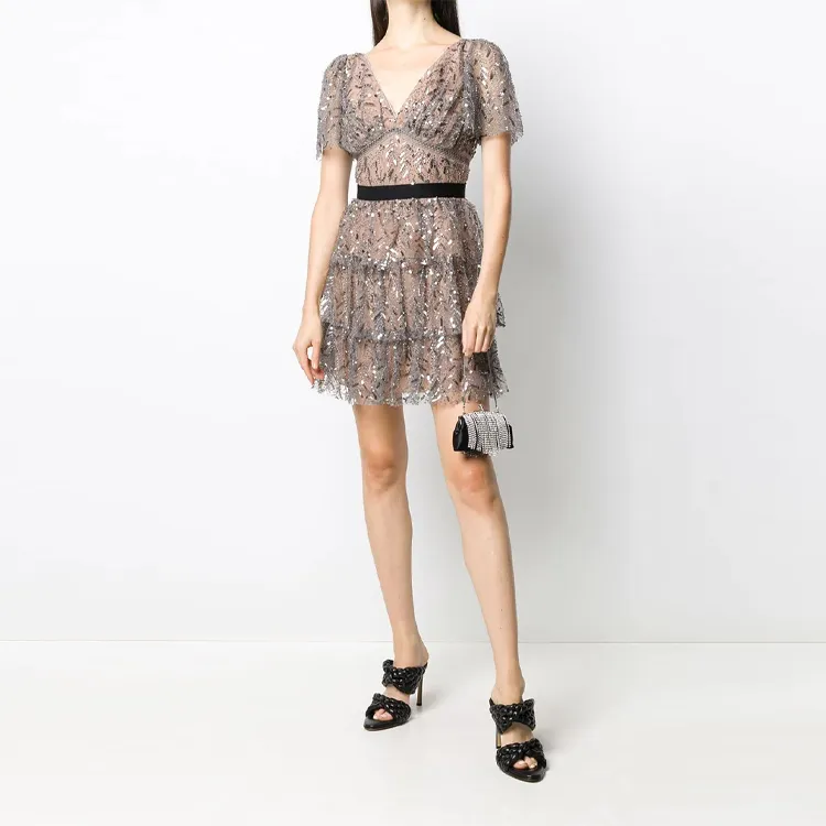 Self portrait Short Sleeved Dress Women's Gray Pink-2