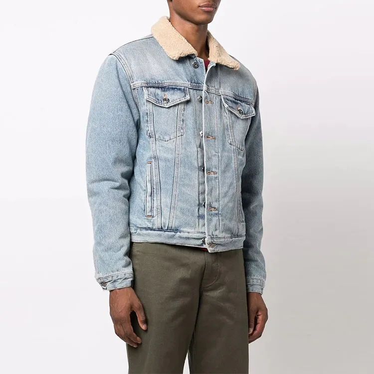 OFF WHITE Contrast Collar Faux Sherling Denim Jacket-2