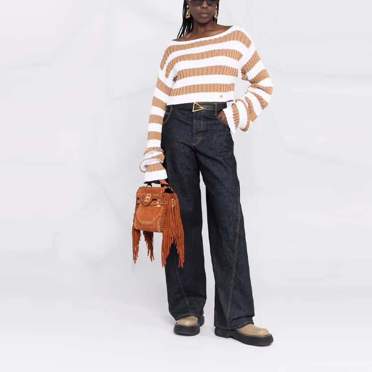 BALMAIN Cropped Off Shoulder Striped Knit Top 'White/Tan'-1