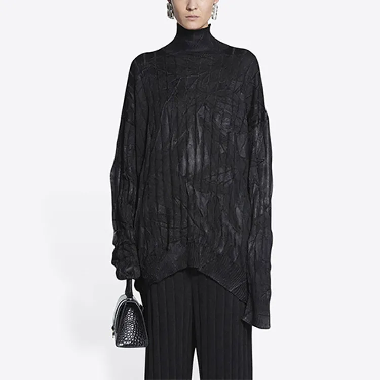 Balenciaga Creased Oversized Silk Rib Knit Turtleneck Black-2