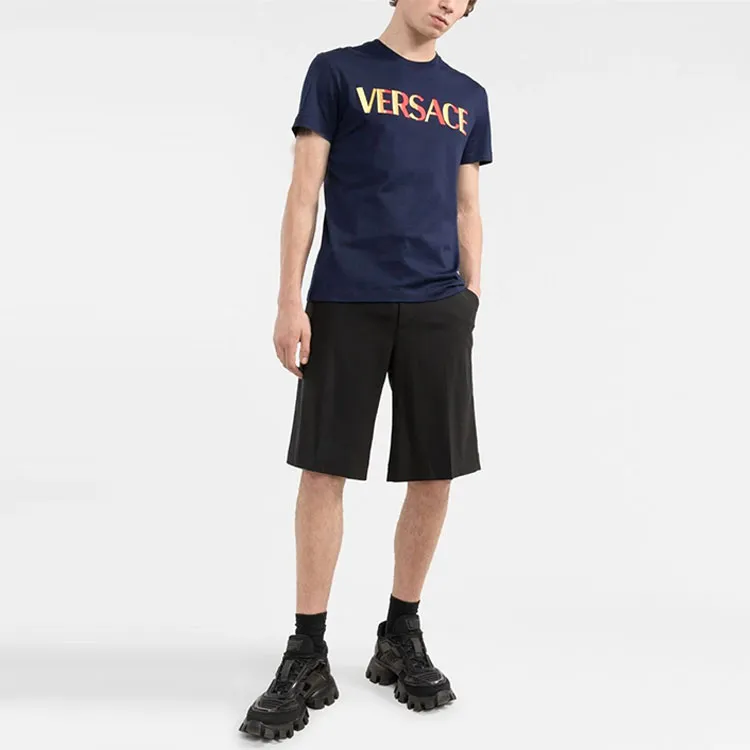 VERSACE VERSACE Logo Embroidered Crew Neck Pullover Short Sleeved T Shirt Men's Blue-1