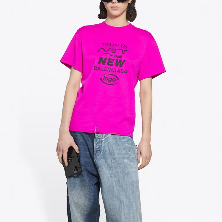 Balenciaga Distressed Small Fit This Is Not Logo T Shirt Pink Black-2