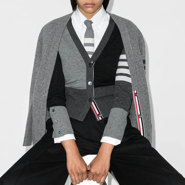 THOM BROWNE Monochrome Block Cashmere Cardigan-1