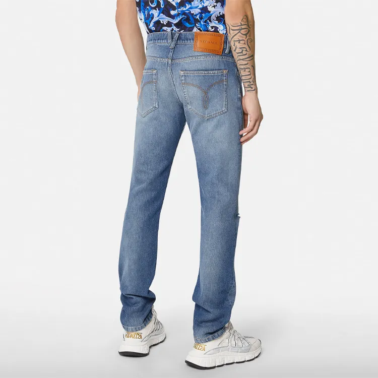 VERSACE Logo Patch Distressed Denim Jeans-3