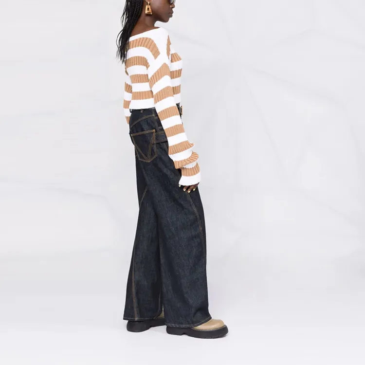 BALMAIN Cropped Off Shoulder Striped Knit Top 'White/Tan'-2