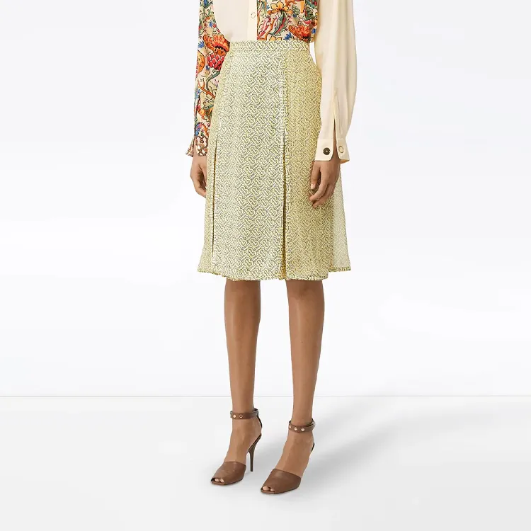 Burberry Monogram Print Silk Pleated Skirt 'Pale Yellow'-1