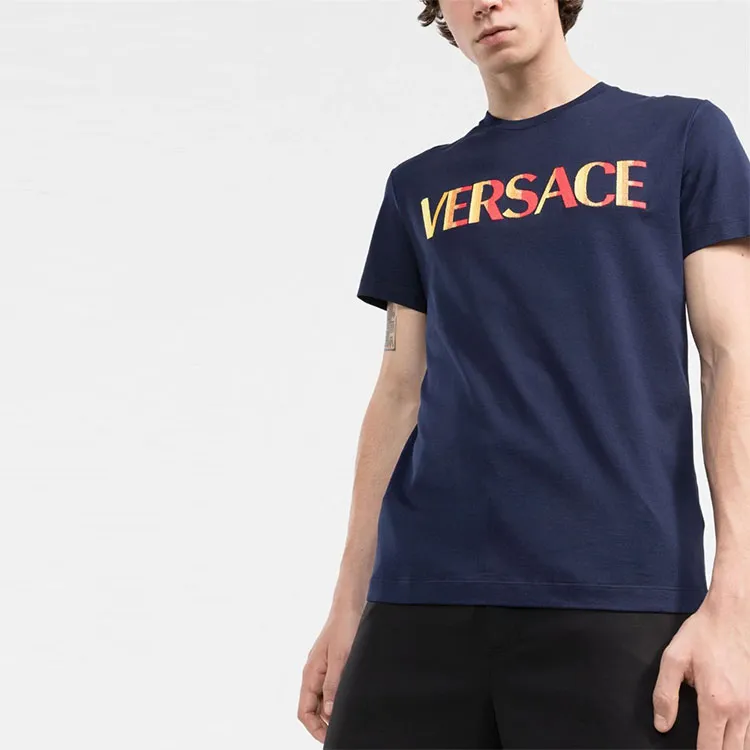VERSACE VERSACE Logo Embroidered Crew Neck Pullover Short Sleeved T Shirt Men's Blue-4