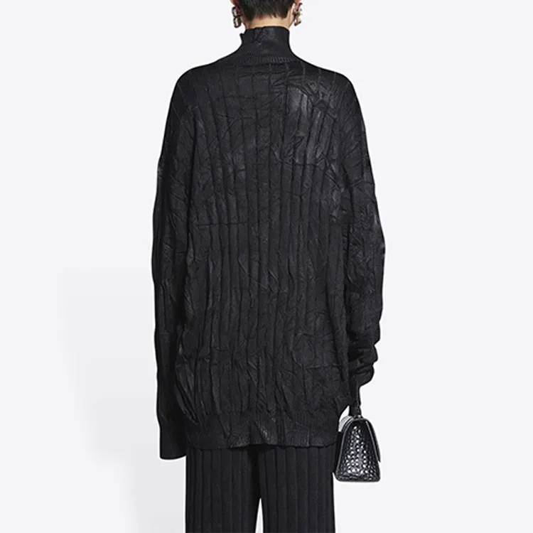 Balenciaga Creased Oversized Silk Rib Knit Turtleneck Black-3