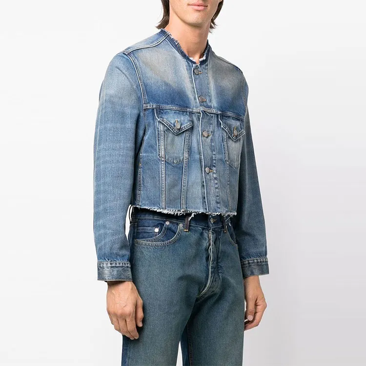 Maison Margiela Cropped Collarless Denim Jacket-3
