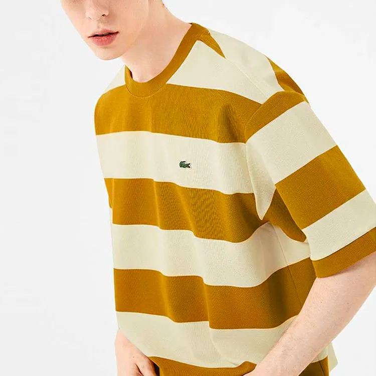 LACOSTE T Shirts Men Brown Yellow Stripes-3