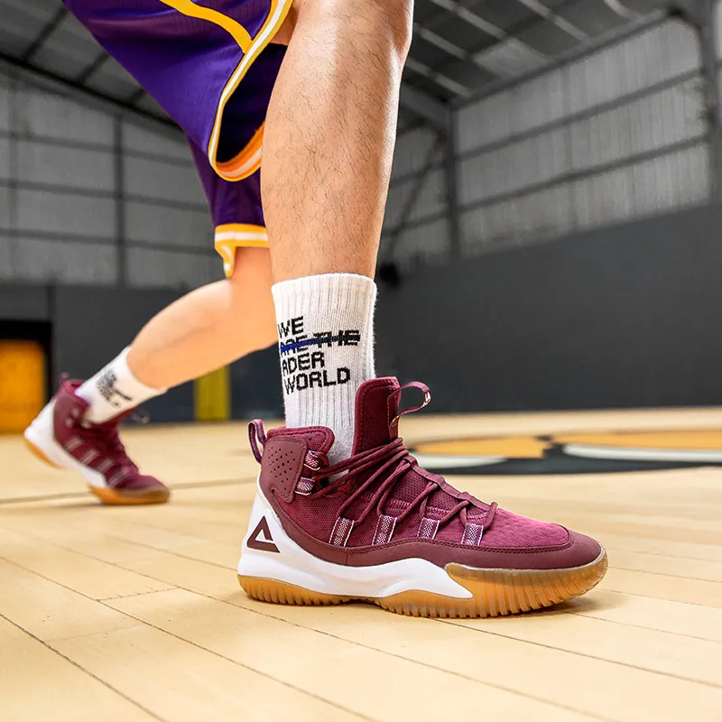 PEAK Cushioning, Slip Resistant, Abrasion Resistant, Coverage, Support High Top Basketball Shoes Men's Dark Red-5