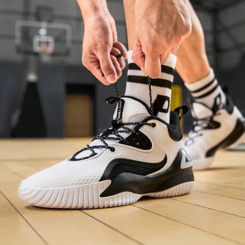 PEAK Cushioned Slip Resistant Abrasion Resistant High Top Performance Basketball Shoes White Black-6