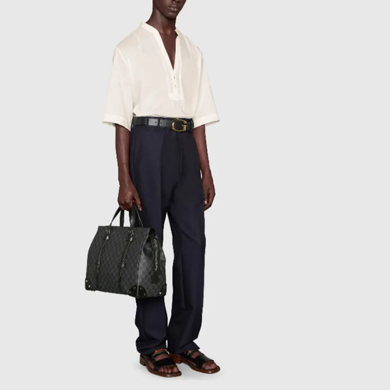 GUCCI GG Canvas With Leather Corner Covered Tactical Tote Bag Crossbody Bag, Handbag Medium Size Men's Black-8