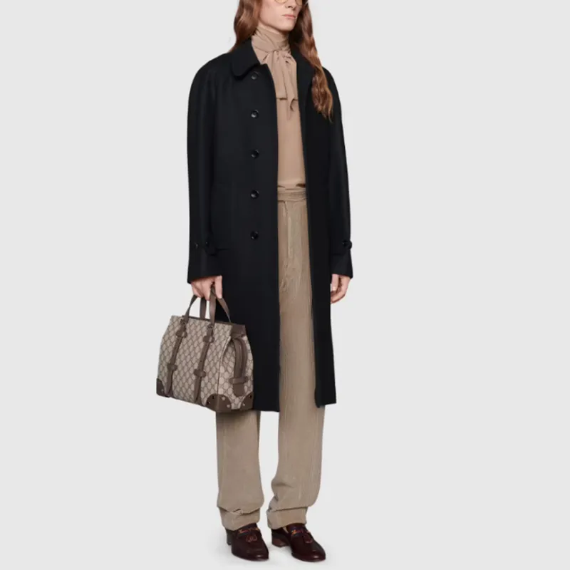 GUCCI Canvas With Leather Tote Bag, Shopping Bag, Handbag Medium Size Unisex Ebony & Brown-8