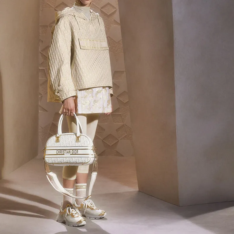 DIOR Cow Leather Bowling Bag, Gym Bag, One Shoulder Crossbody Bag, Travel Bag, Handbag Medium Size Women's White/Gold-6