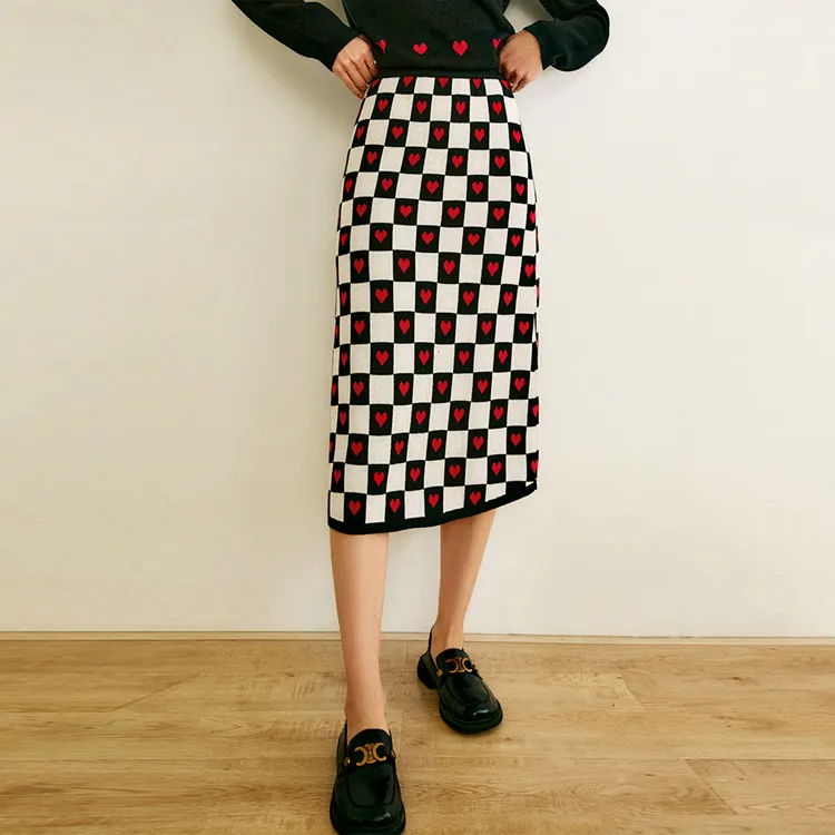 Olrain Knit Long Skirts Women's Checkerboard-4