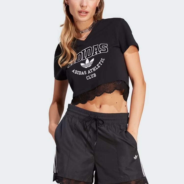 Adidas originals Cropped Lace Trim Tee Black S - POIZON