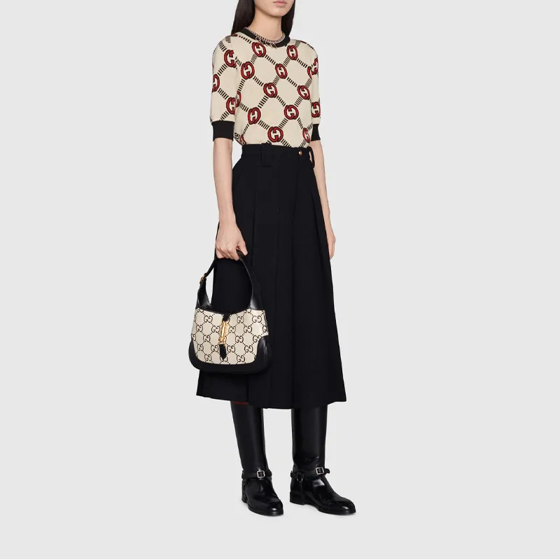 GUCCI Jackie 1961 Canvas With Leather Trim Crescent Shoulder Bag Shoulder Bag Small Size Women's White Black Multicolor-11