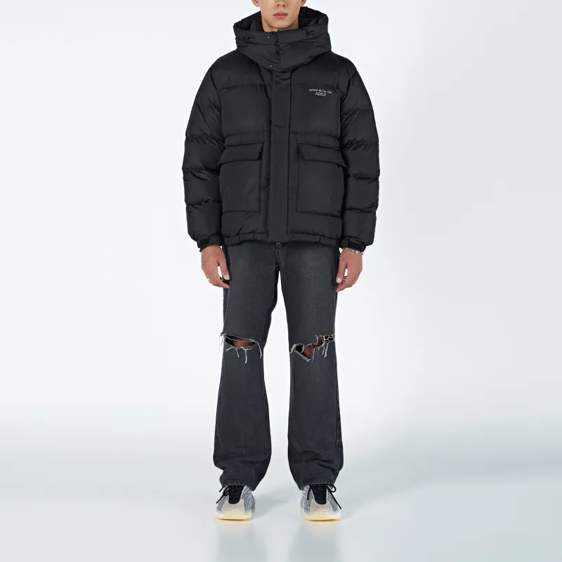 Acme De La Vie/ADLV Solid Color Letters Hooded Loose Fit Down Jacket Men's Black-4