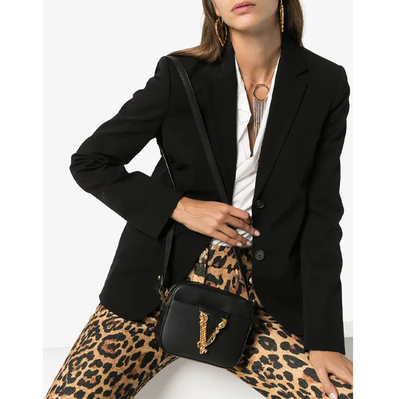 VERSACE Virtus Leather Camera Bag Shoulder Bag Crossbody Bag Women's Black-3
