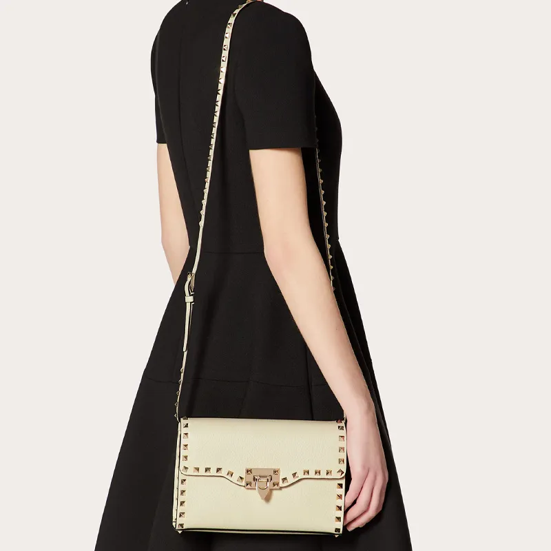 Valentino Rockstud Grain Calfskin Shoulder Bag, Crossbody Bag Trumpets Women's Light Ivory-3