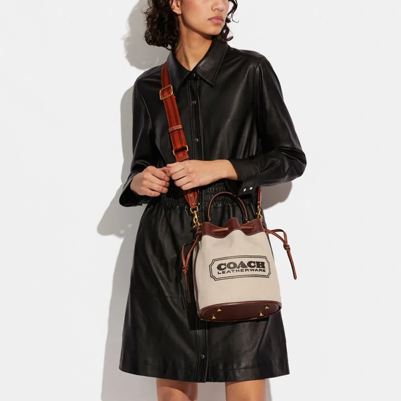 COACH Field Canvas With Leather Canvas Bag Crossbody Bag Bucket Bag Handbag Small Size Women's Brown & Color-4