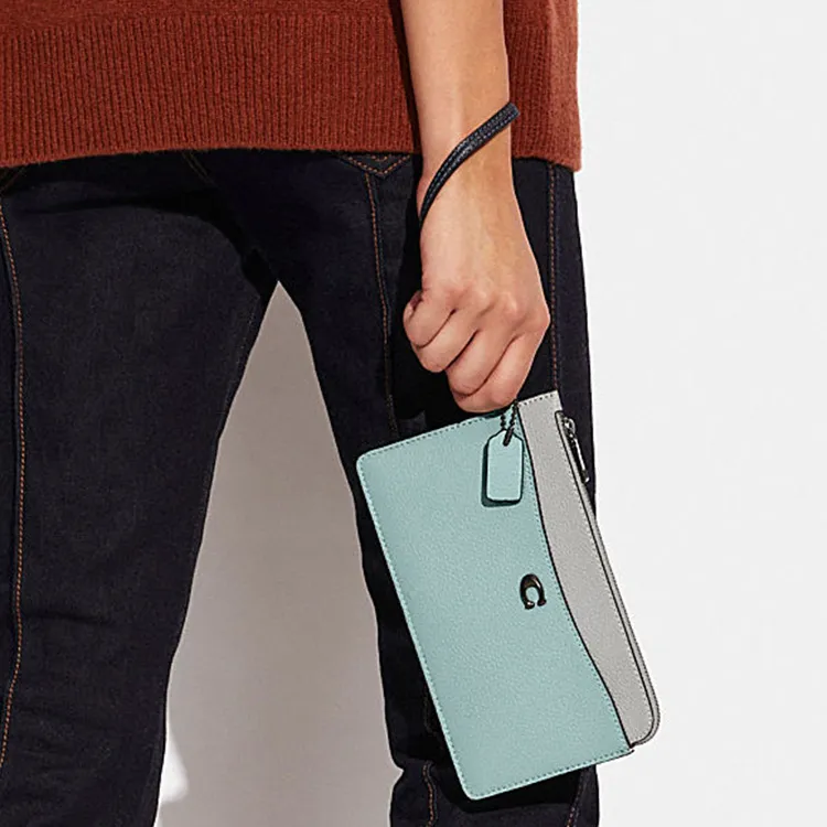 COACH L Zip Leather Clutch Wrist Bag Women's Mint Green & Gray-4