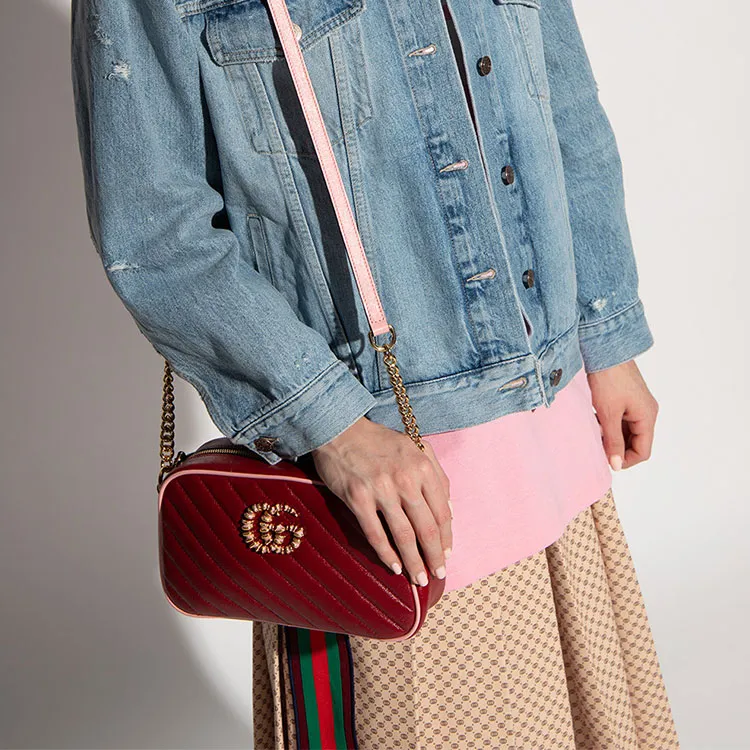 GUCCI Quilting Leather Camera Bag Chain Shoulder Bag Crossbody Bag Small Size Women's Red/Pink-5