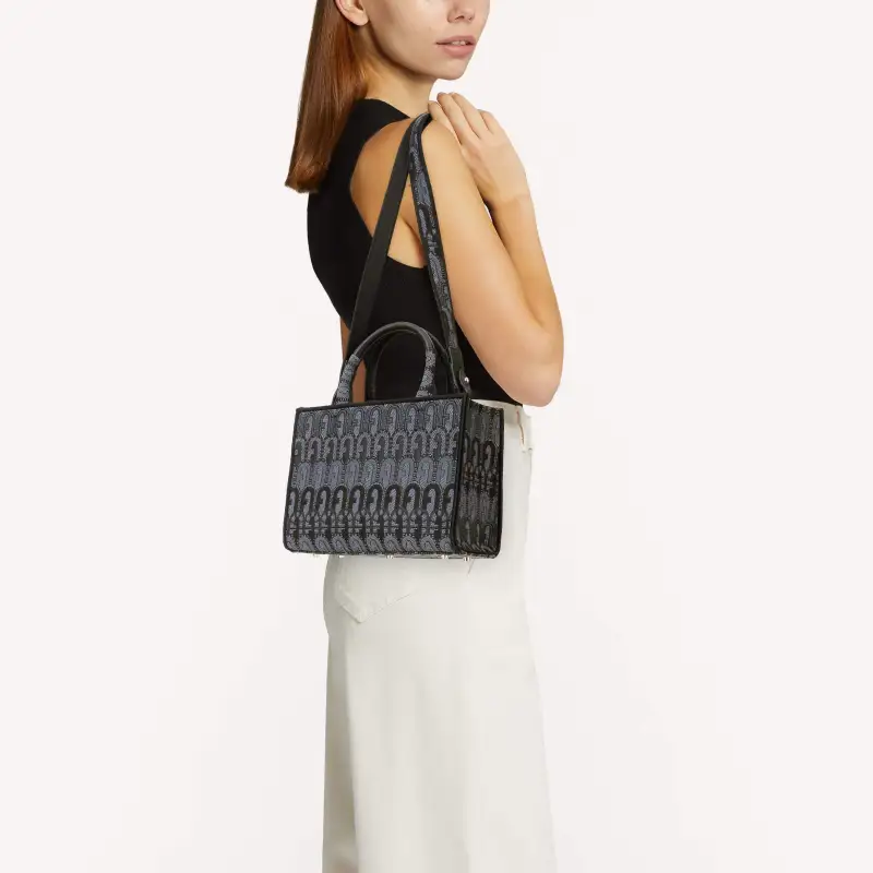 Furla Opportunity Jacquard Fabric Tote Bag Shopping Bag Handbag Shoulder Bag Women's Gray & Black-4