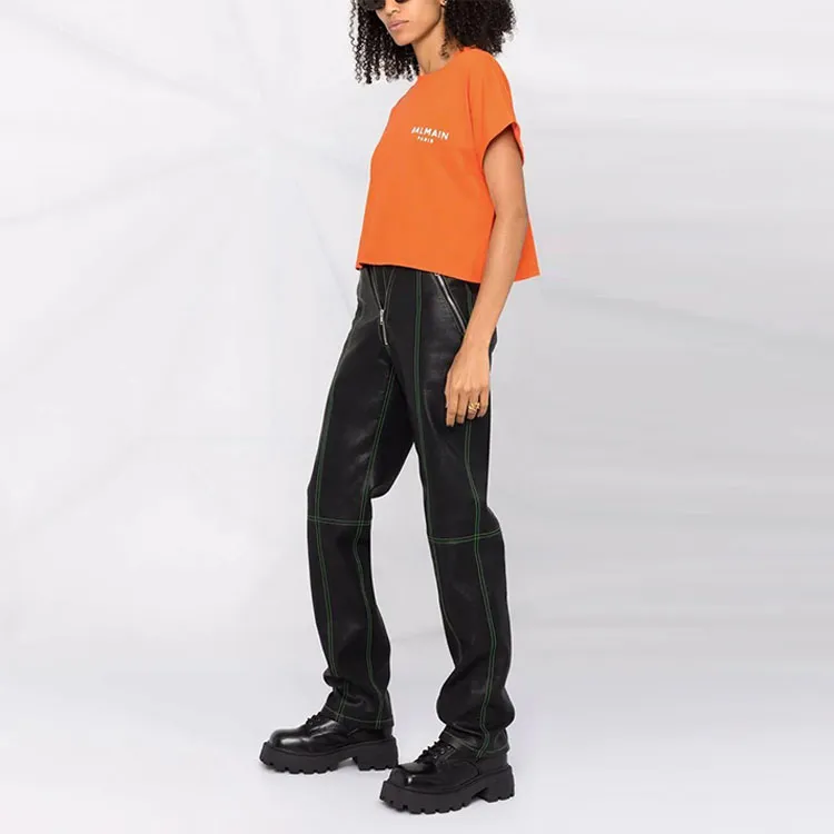 BALMAIN Cropped Short Sleeve Flock Detail T Shirt 'Orange'-3