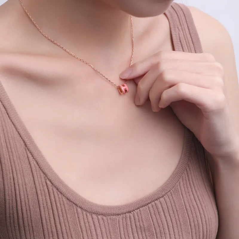 HERMES Metal Necklaces Women's Pendant Rose Pink Chain Rose Gold-3