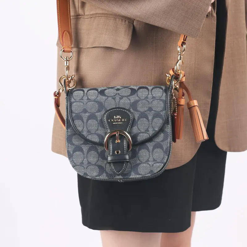 COACH Kleo Canvas Cow Leather Patchwork Shoulder Bag Women's Dark Blue Monogram Color & Black-3