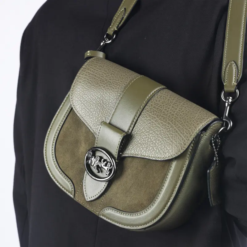 COACH Georgie Leather Saddle Bag, Bacchus Bag, Shoulder Bag, Crossbody Bag, Shoulder Bag Trumpets Women's Olive Green-6
