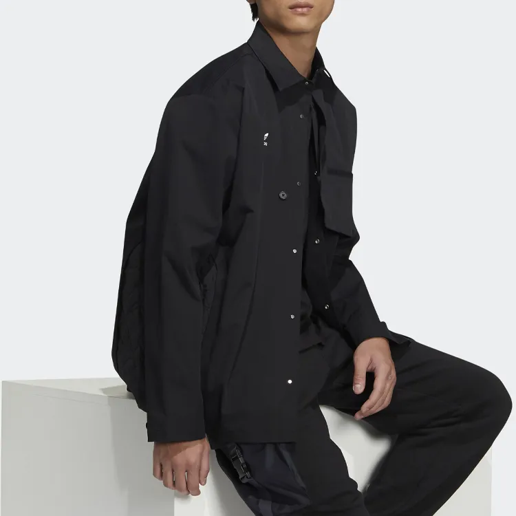 adidas originals Solid Color Buckle Lapel Long Sleeves Shirt Black-4