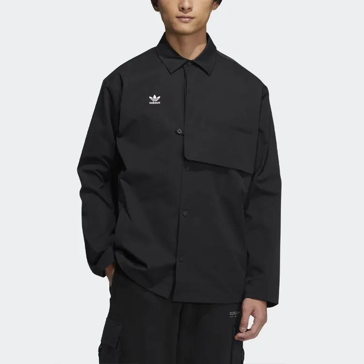 adidas originals Solid Color Buckle Lapel Long Sleeves Shirt Black-2